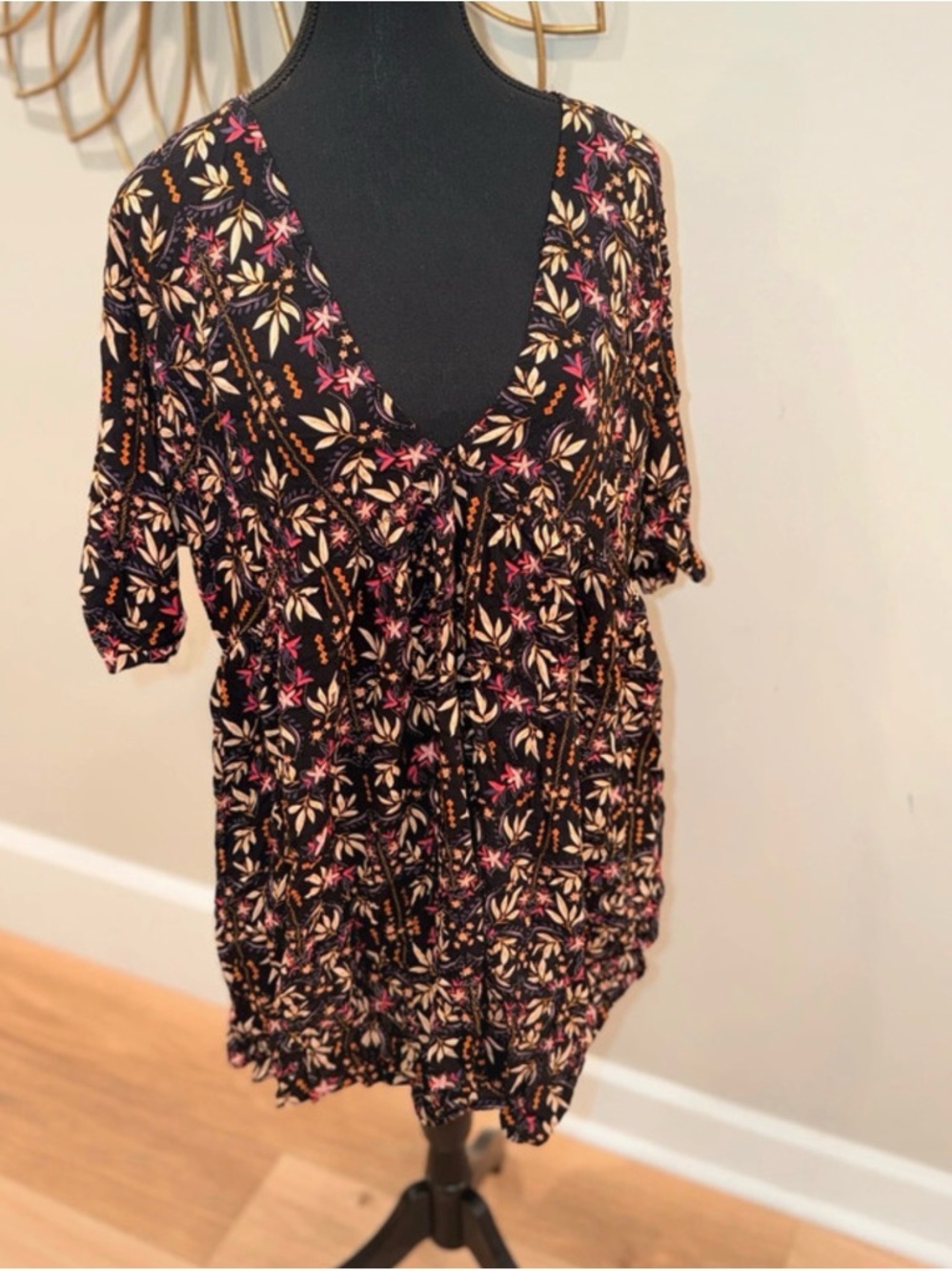 NATURAL LIFE Black Tunic with Cream and Pink Floral Print mini dress